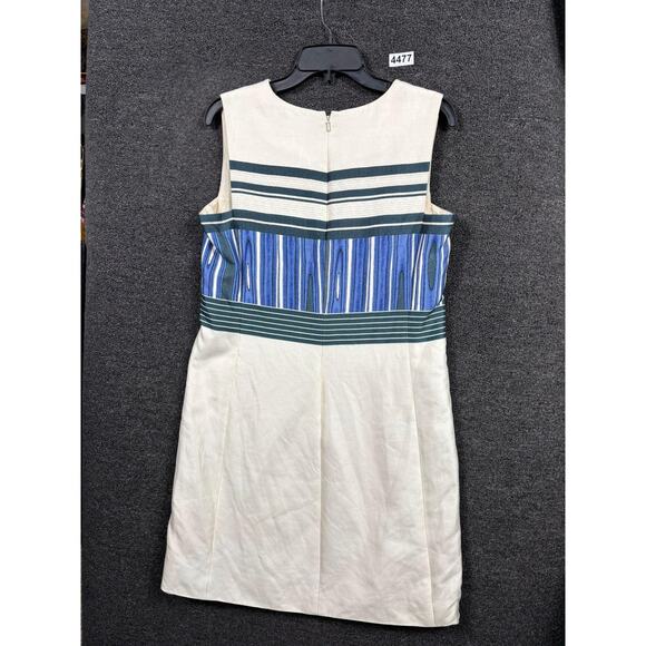 Tory Burch  Silk Sheath Dress Womens Sz 6 Ivory Blue Geometric Print Sleeveless - Picture 2 of 7